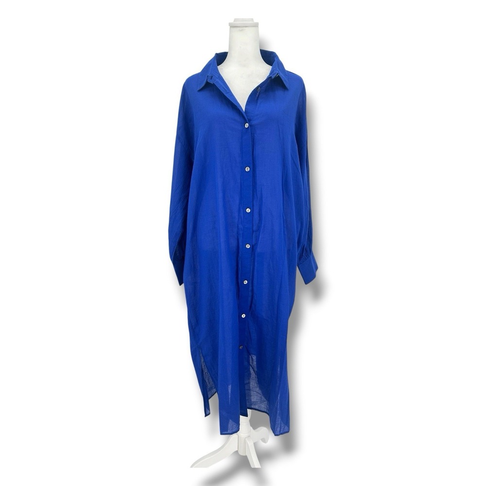 Blue Oversized Cotton Tunic Shirt Dress L Coastal Minimalist Boho Resort Coverup